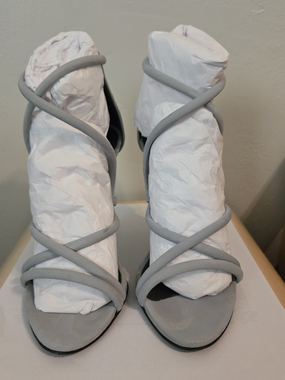 Vintage SCHUTZ Strappy Suede Heels in Light Gray 6s